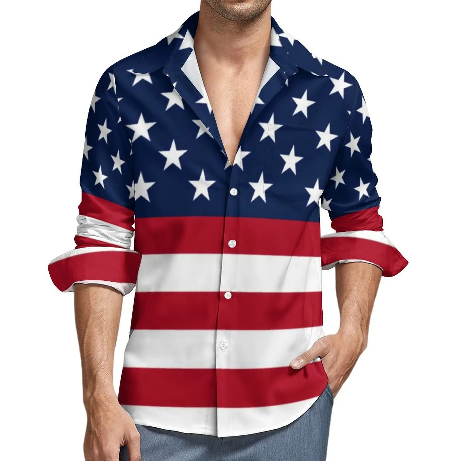 

Star Spangled USA Flag Shirt Patriotic Red White Blue Stars Stripes Casual Shirts Street Blouses Spring Retro Oversized Clothing