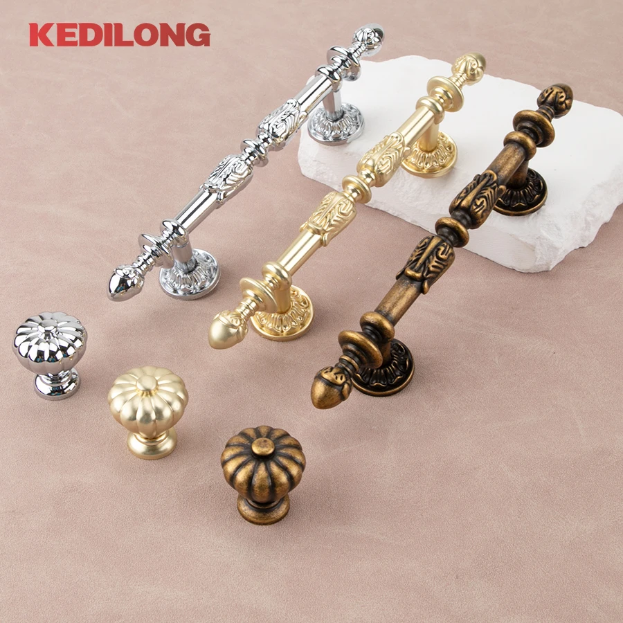 European retro light luxury drawer gold long pull style kitchen cabinet silver Pull handle drawer antique knob