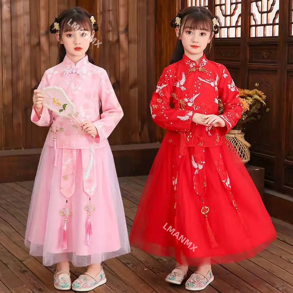 

Chinese New Year Girl Dress Red Pink Blue Oriental Costume Chinese Traditional Dress for Girls Cosplay Fantasy Ancient Hanfu Kid