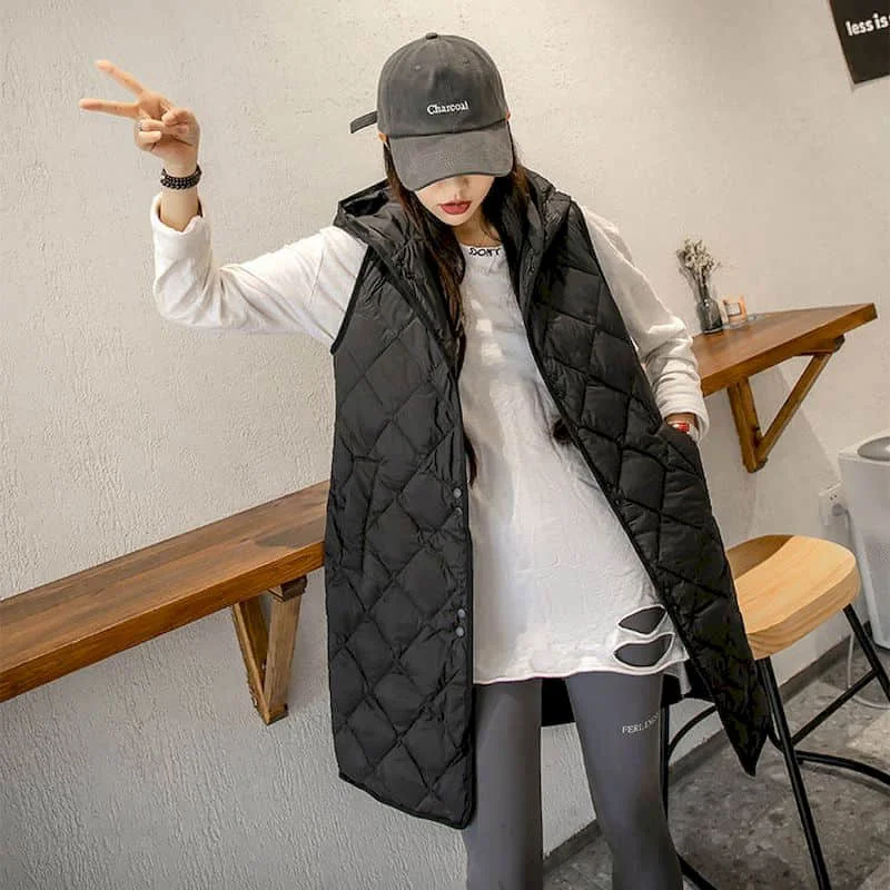 

Waistcoats for Women Solid Hooded Casual Vests Sleeveless Cardigans Cotton-added Vintage Oversized Mid Length Jackets Women Tops