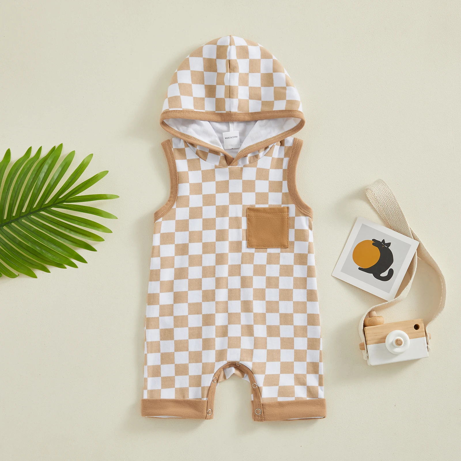 FOCUSNORM 4 Colors Toddler Baby Boys Rompers Checkerboard Plaid Print Sleeveless Hooded Pocket Jumpsuits Summer Clothes