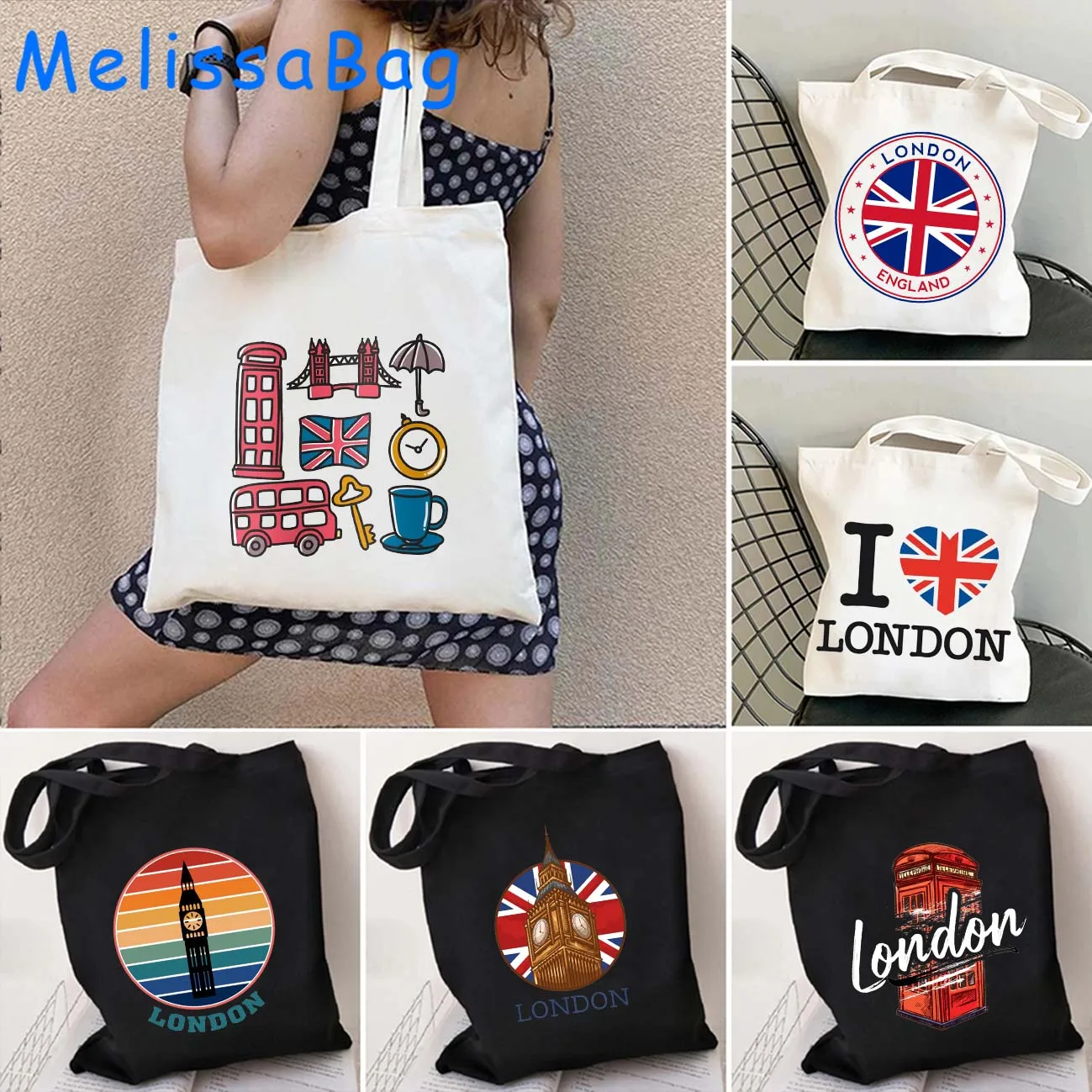 

London England United Kingdom UK Flag Big Ben Bus Royal British Union Jack Gift Canvas Shoulder Tote Bag Harajuku Cotton Handbag