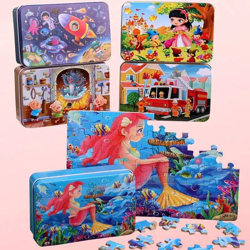 Iron Box Puzzle Pieces Wooden Puzzle For Children's Puzzle Early Education Kindergarten Gift Wooden Toys 60 pieces