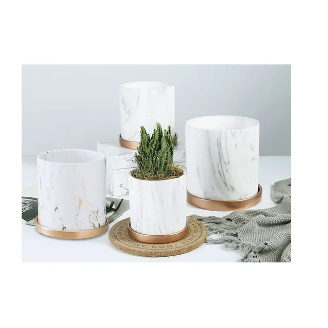 11/14/17cm Nordic Ceramic Flower Pots Small Succulent Green Plants Flowerpot with Tray Home Desktop Decoration Garden Supplies 5