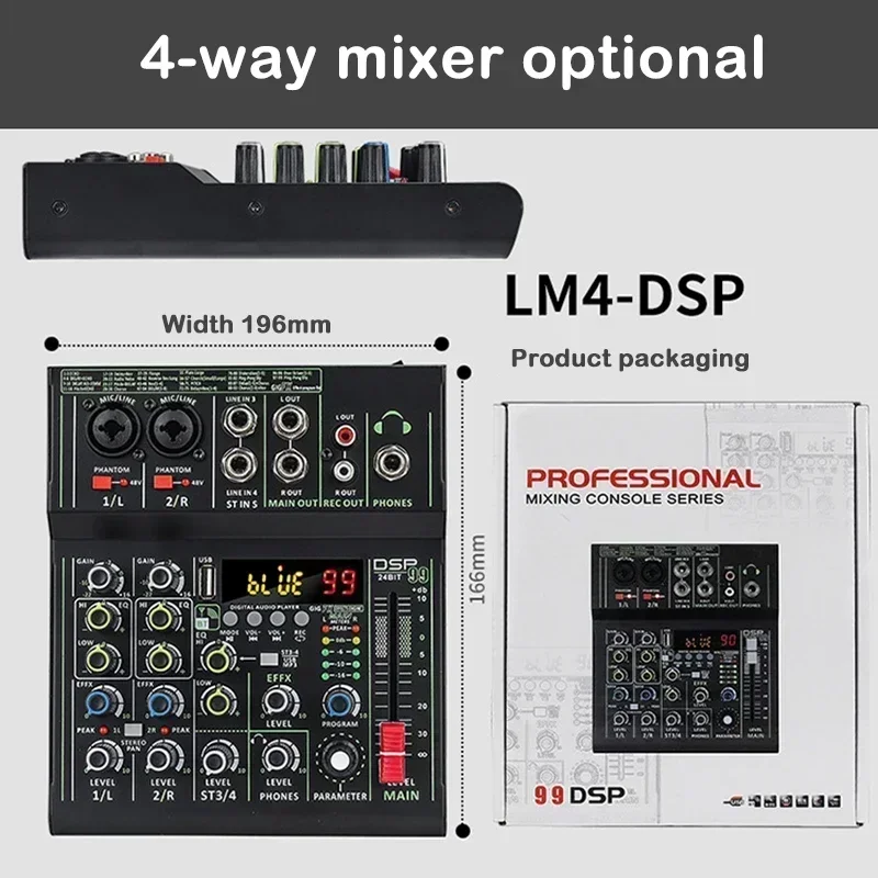 Mini 4 Channel Audio Mixer Individual +48V Phantom Power 99 DSP Effects Bluetooth USB Computer Play Record Mixing Console 6