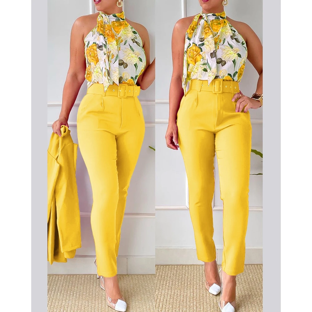 

Summer Women Floral Print Halter Tank Top High Waist Pants Set With Belt Female O-Neck Two Pieces Suit Set Workwear Outfits