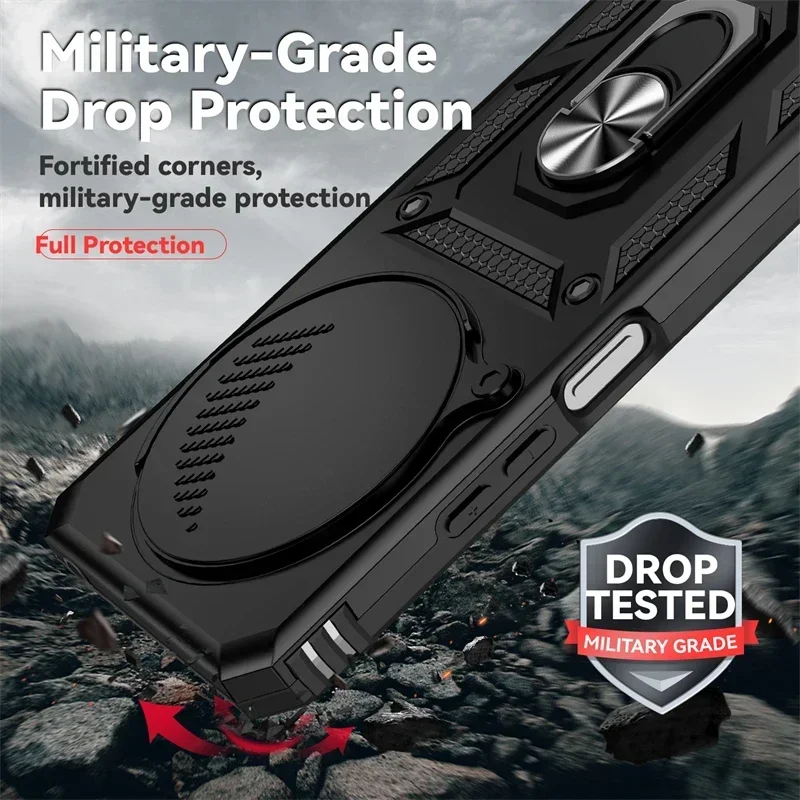 Armored Shockproof Case with Sliding Lens Cover and Magnetic Car Holder Ring