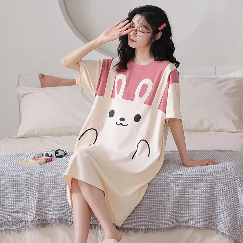 Women's Summer Cotton Sweet Short Sleeve Nightgown Sleep Dress Outerwear Home Clothes Dress Spring Season