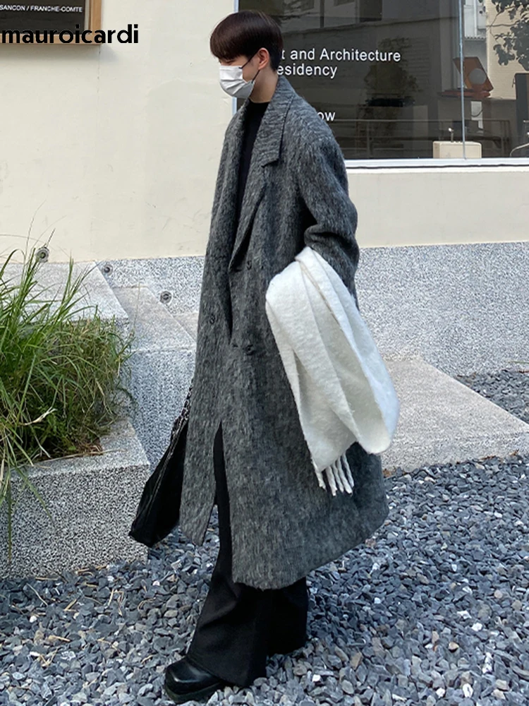 Mauroicardi Autumn Winter Long Gray Oversized Thickened Warm Soft Wool & Blends Coat Men Double Breasted Korean Fashion 2023 5