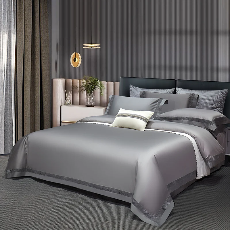 1400TC Egyptian Cotton Grey Luxury Hotel Style Hollow Wide Edge Bedding Set Duvet Cover Bed Sheet Fitted Sheet Pillowcases 4Pcs 2