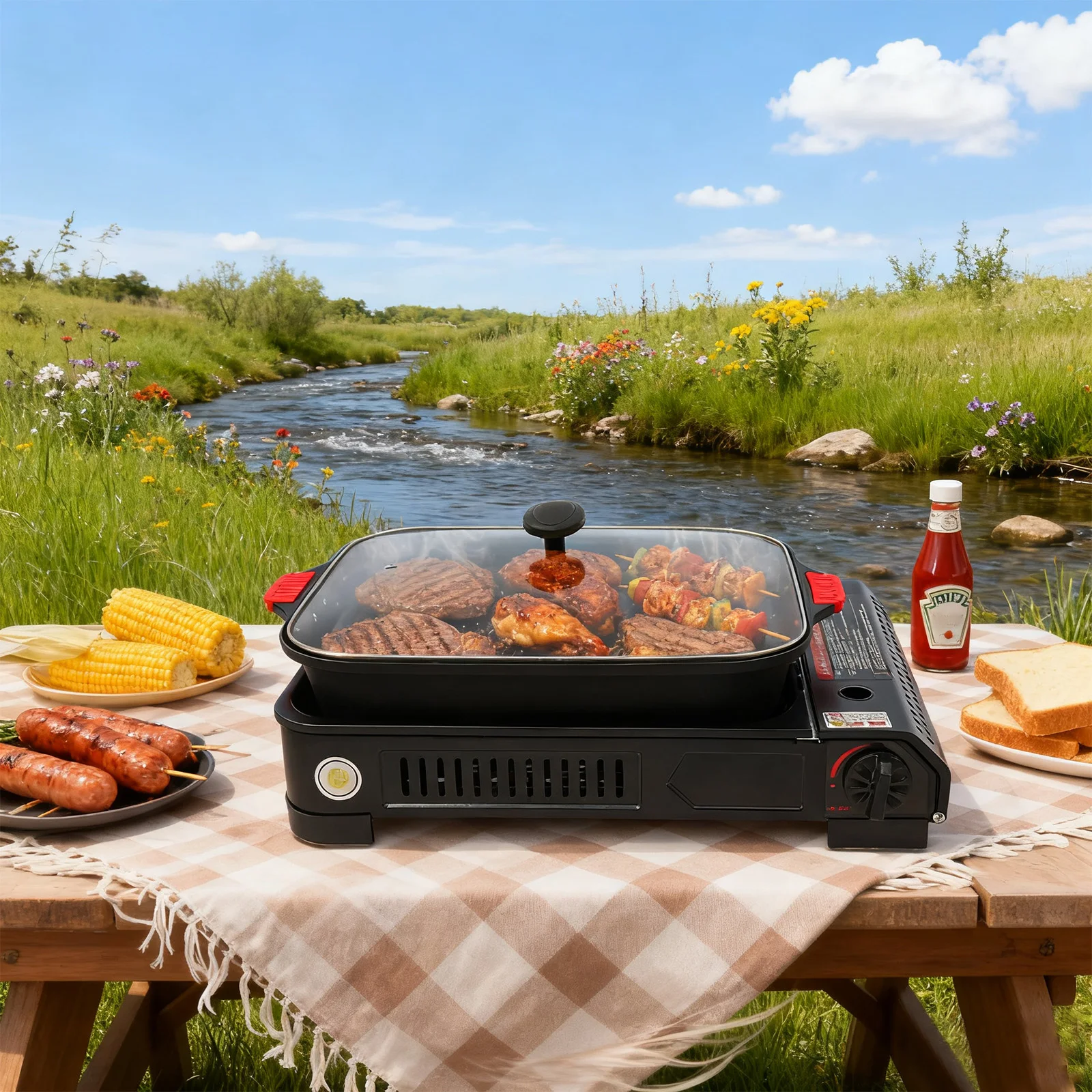 Portable Butane Gas Camping Stove with Grill Pan & Lid - 2.1KW Instant
