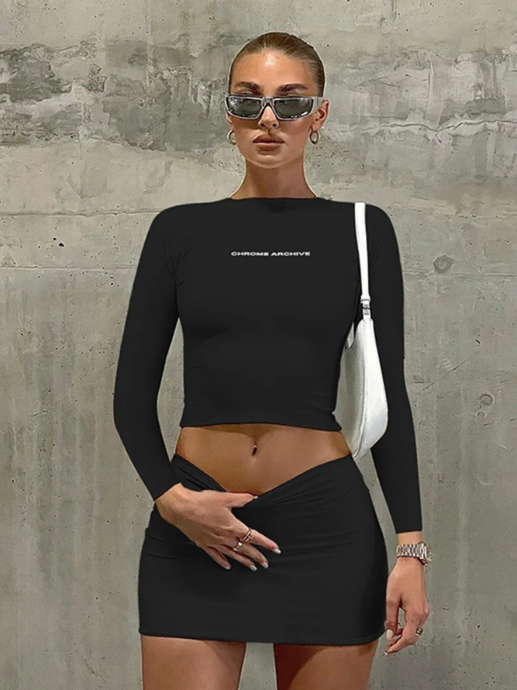 Sexy Two Piece Sets Womens Outfits Long Sleeve Crop Top Mini Skirt Sets Bodycon Conjuntos Feminino Elegante Ensembles De Jupes