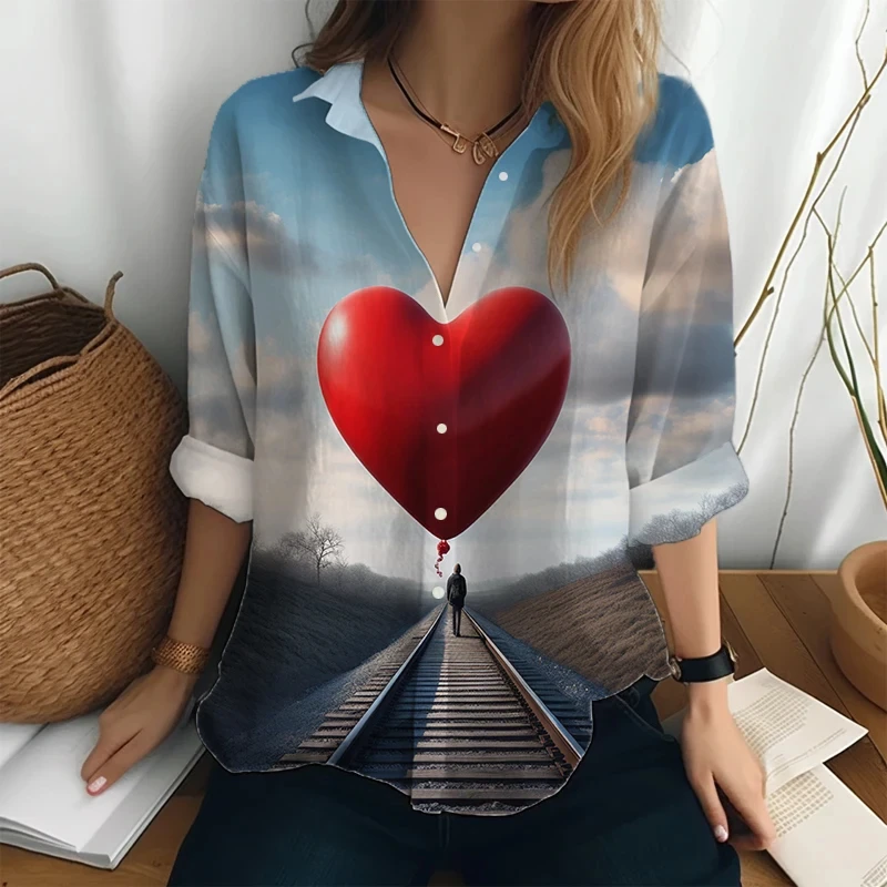 Heart and track 3D print shirt Loose casual long sleeve shirt Spring and autumn new lapel shirt Harajuku oversized shirt