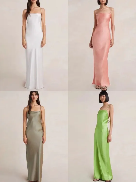 

Women Sexy Strapless Satin Spaghetti Strap Backless Long Dress