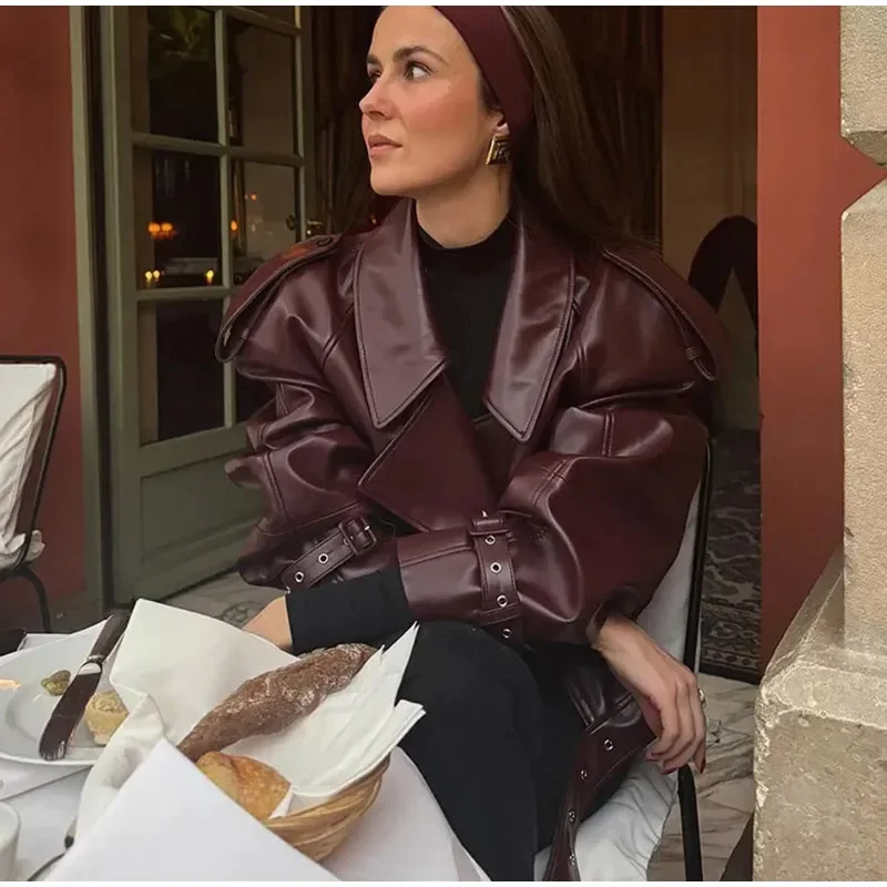 Casual Leather Short Leather Jacket With Belt Lapel Long Sleeved Cropped Coat New Fashion Lady Street Party New Outwears _