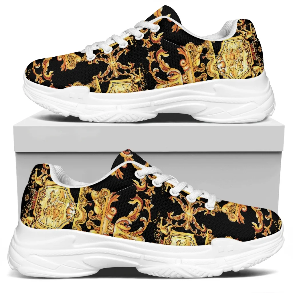 Retro European Floral Pattern Women's Sneakers Increasing Shoes Thick Platform Golden Baroque Casual Footwear