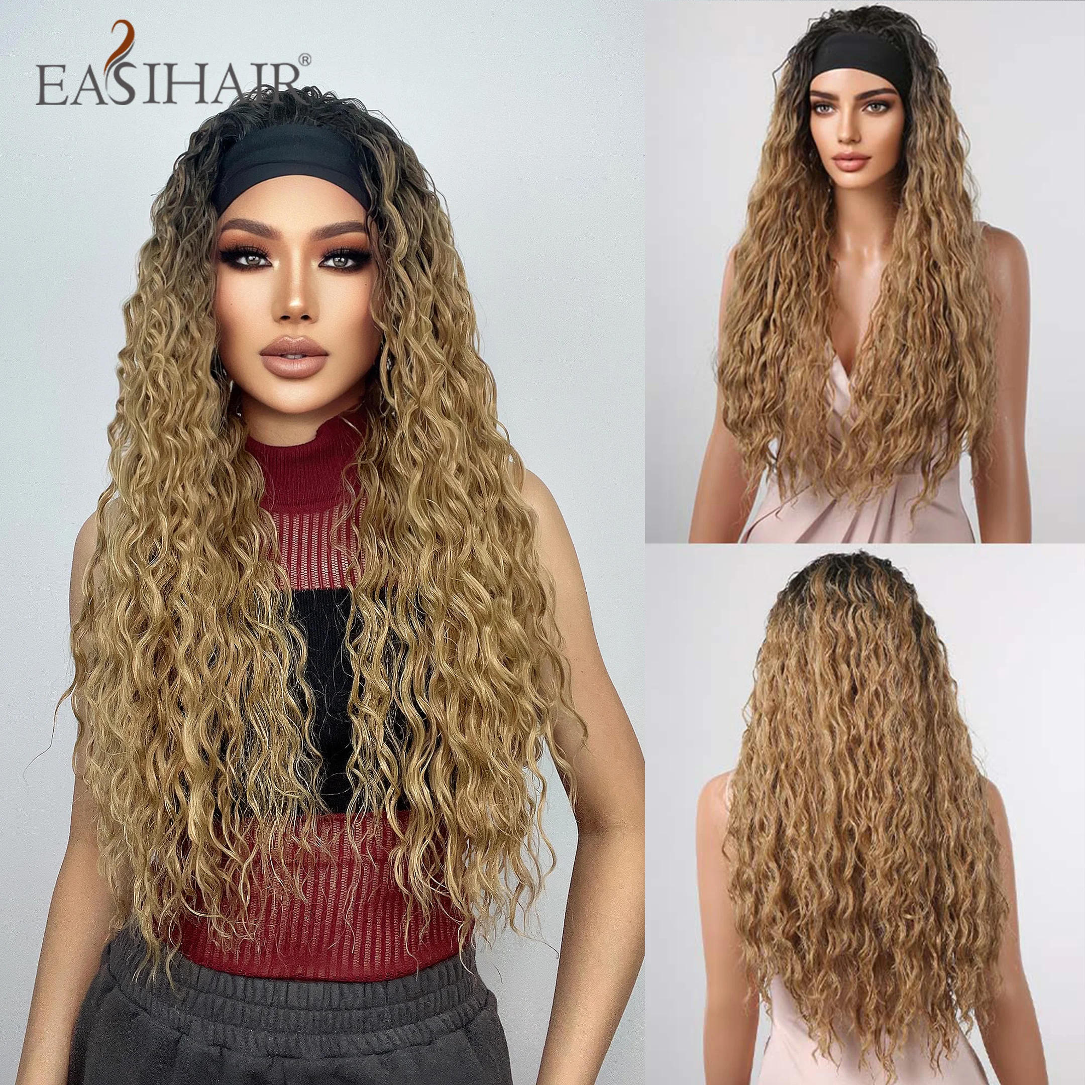 

EASIHAIR Long Curly Brown Ombre Headband Wigs for Women Afro Synthetic Hair Wig Glueless Black Headband Wig Heat Resistant