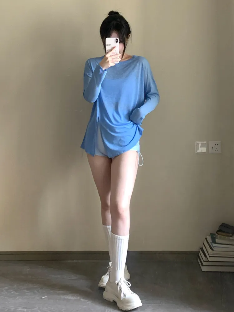 여성용 속건성 통기성 긴팔 스목탑(사이드 슬릿 포함) - 러닝, 피트니스, 아웃도어, 레저, 요가 및 운동에 적합