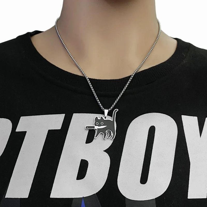 Hip Hop Titanium Stalen Killer Cat Ketting voor Vrouwen Mannen Schattige Punk Retro Doodle Zwarte Kat Hanger Ketting Nieuw Sieraden Cadeau_voghion.com