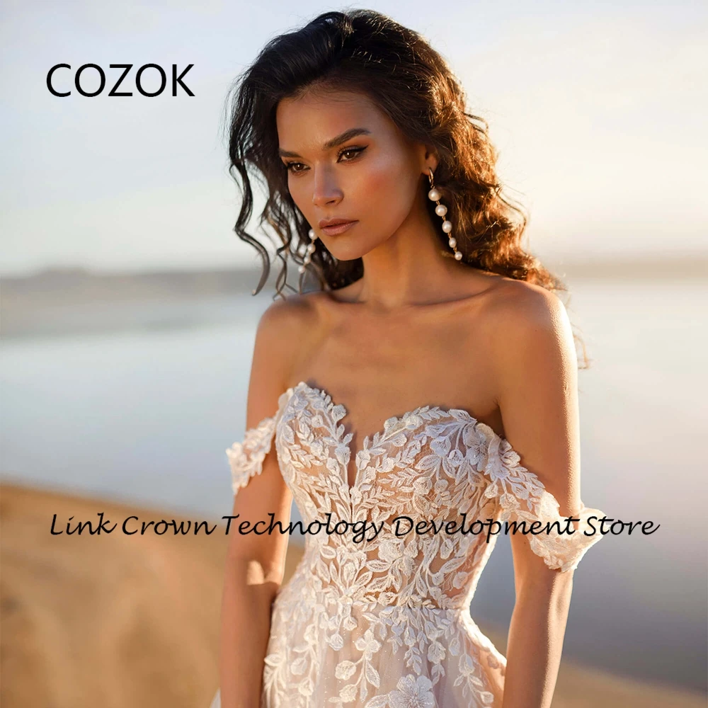 COZOK 오프 숄더 스트랩리스 아이보리 웨딩 드레스, 2024 공주용 신상 부드러운 얇은 명주 그물 신부 가운, 레이스 베스티도스, 여름