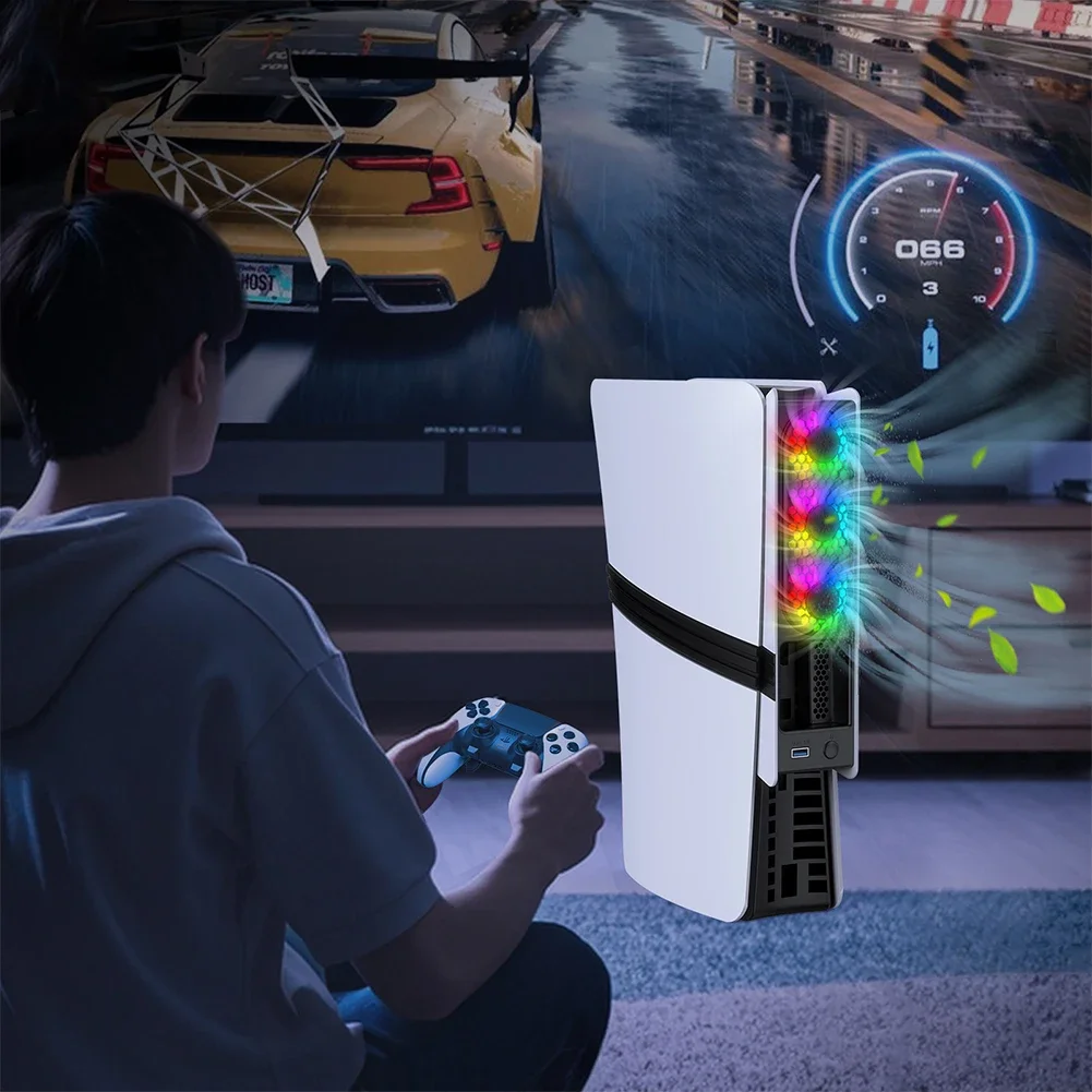 RGB Light Cooling Fan For PS5 Pro/PS5 Slim Console Quiet Cooling System with USB Port For PS 5 Pro/Slim Disc & Digital Edition