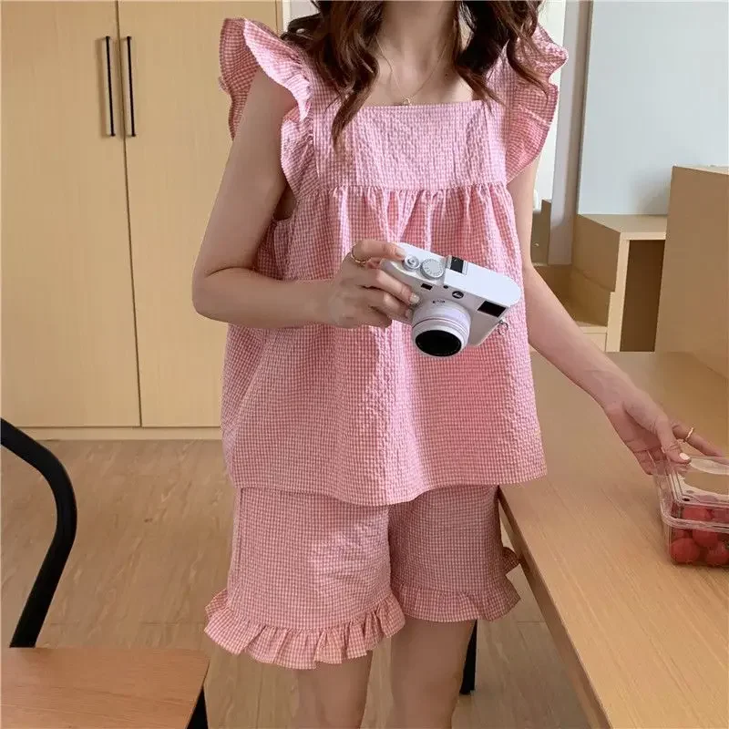 격자 무늬 잠옷 여성 잠옷 반바지 세트 플라이 슬리브 한국어 Kawaii Pijama Ruffles 여름 가정 복장 잠옷 잠옷