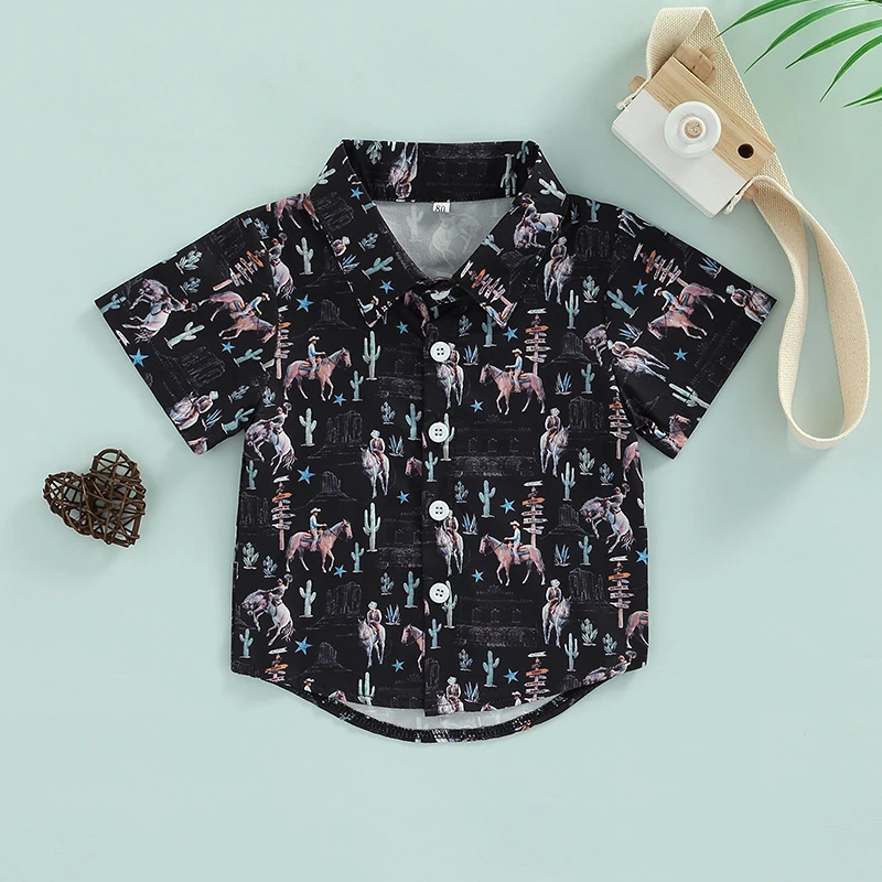 FOCUSNORM 1-5Y Summer Causal Kids Boys Shirts Tops 5 Colors Cartoon Printed Lapel Neck Short Sleeve Single Breasted Clothes boys short sleeve shirts
