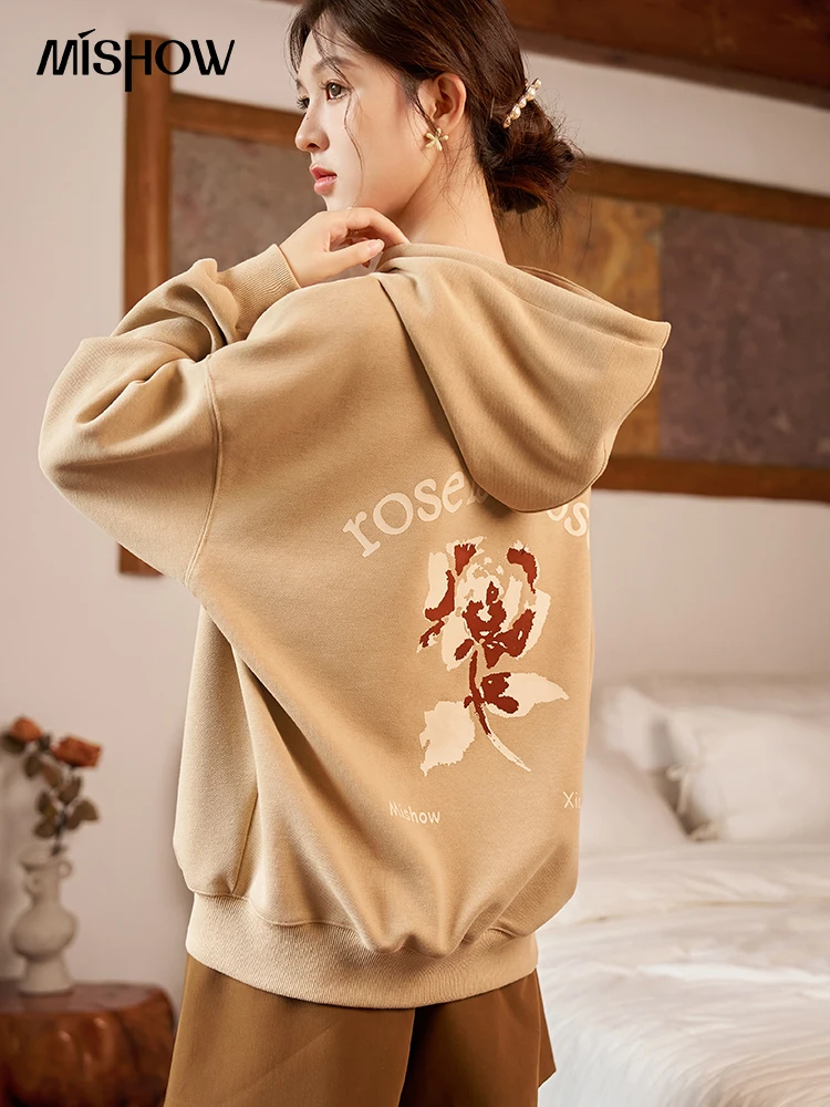 MISHOW【 Rose Series 】Soft Sweater Hooded Top for Women 2023 Autumn Rose Letter Printing Loose Female Casual Pullovers MXC41V0004