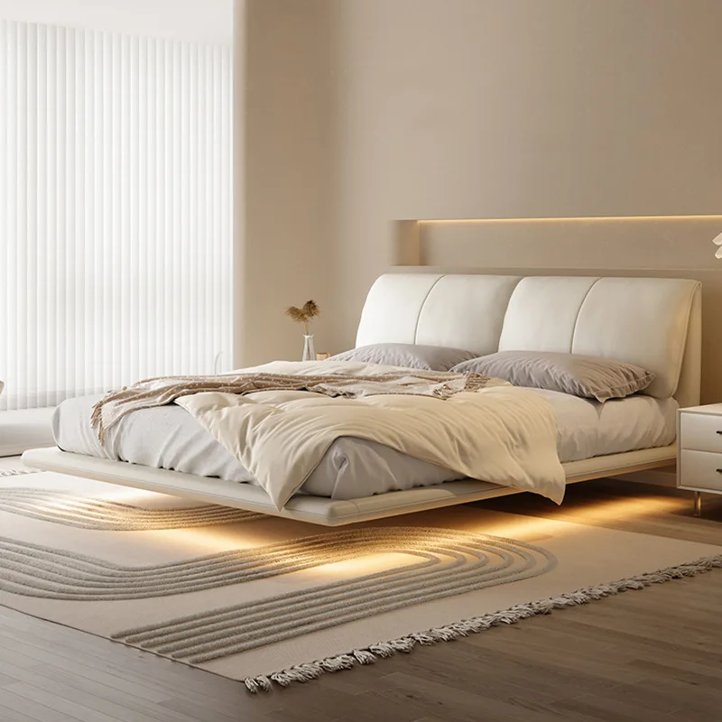 

2Italian minimalist elephant ear leather suspension bed double master bedroom big leather soft bag double wedding