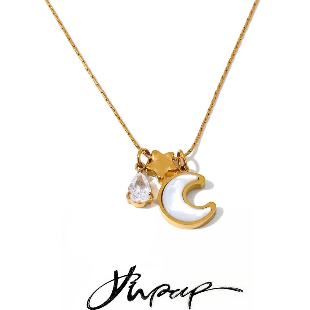 Yhpup Style Stainless Steel Shell Zircon Moon Star Pendant Necklace