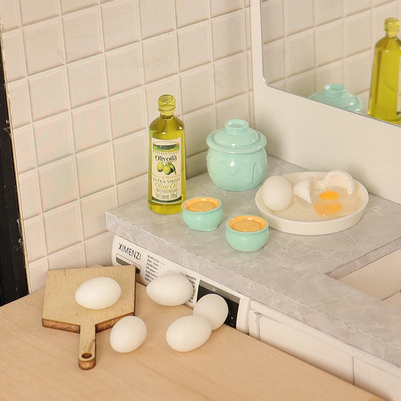 

1/12 Dollhouse Mini Kitchen Food Toy Set Dollhouse Egg Olive Oil Jar Chopping Board Model Dolls House Decor Accessories