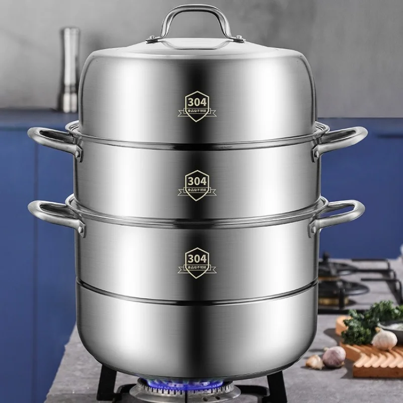 

1 set 3-Tier Stainless Steel Steamer Set - Easy Chinese Kitchen Cooking with Non-Stick Pot and Lids