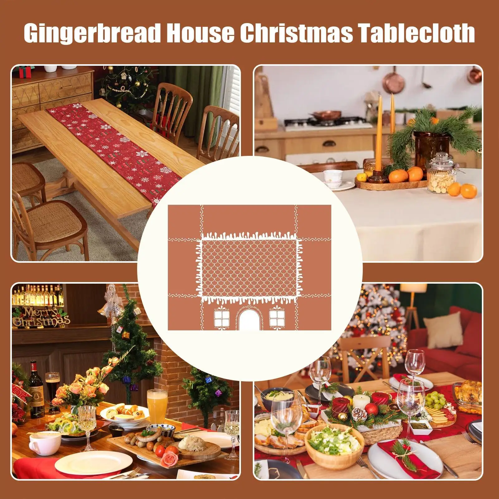 Christmas Tablecloth Gingerbread House Reusable Decorations Farmhouse Table Runner For Party Dining Room Kitchen Tablecloth
