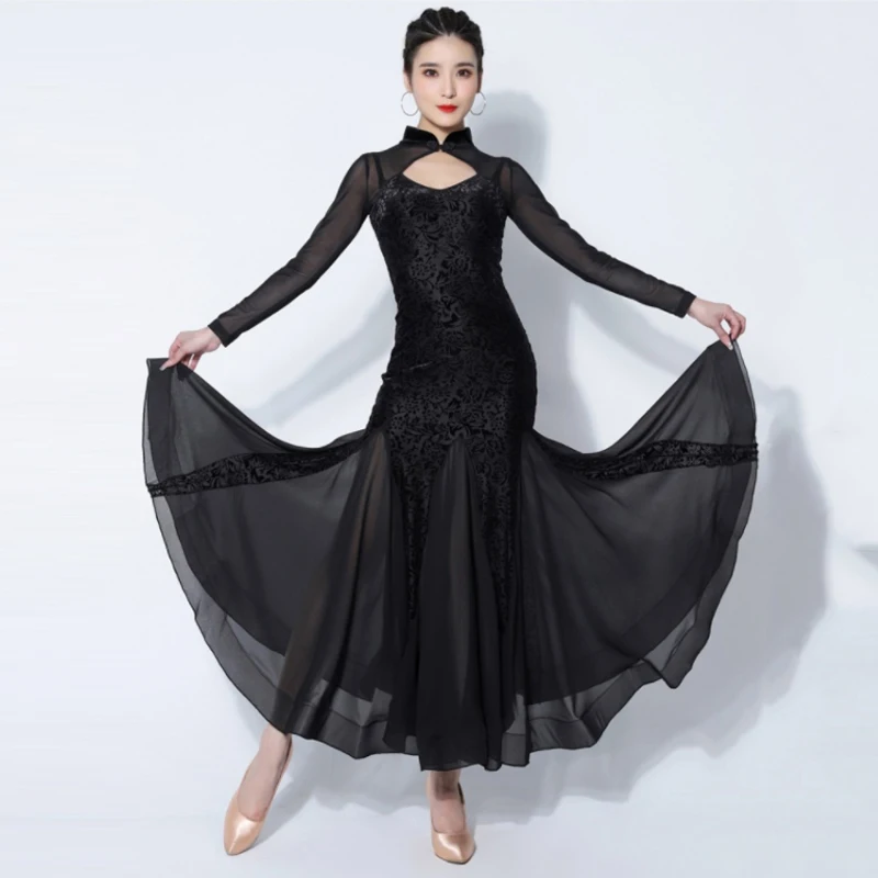 

Ballroom Dance Competition Dress Black Velvet Long Sleeve Tango Dancing Dress Performance Costume Waltz Practice Wear YS4548