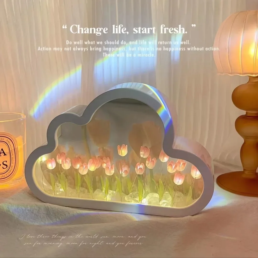 Handmade Diy Cloud Tulip Desktop Mirror Flower Sea Night Light Luminous Ornament Creative Gift Chinese Valentine\'s Day Gift