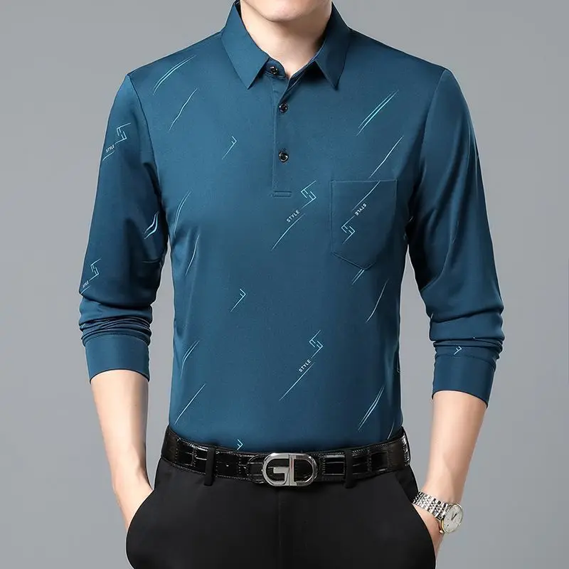 

Spring Summer Long Sleeve Men's T-shirt Turn-down Collar Print Button Pocket Casual Polo Shirt Plus Size Fashion Tops
