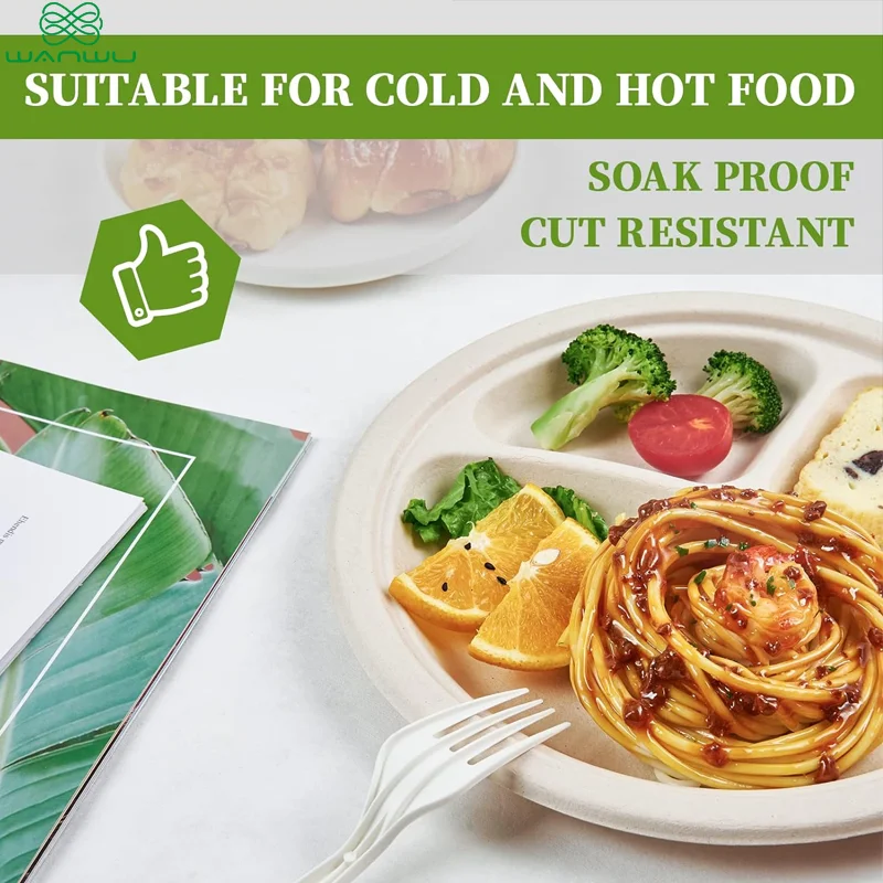 50 pcs Eco-Friendly 3 Compartment Disposable Lunch Tray with Separators-Heavy Duty Bagasse Sectional Plate