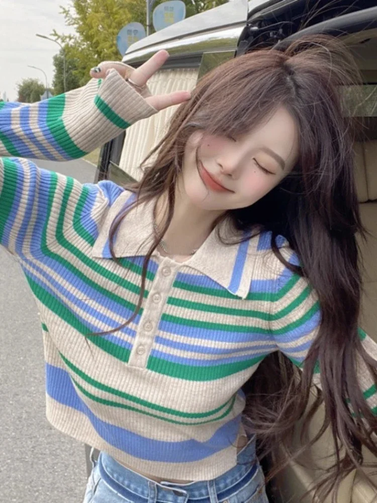 

Turn Down Collar Knitted Striped Button Sweaters Contrast Color Casual Bottoming Jumpers Fashion Women Sweet All Match Pullovers