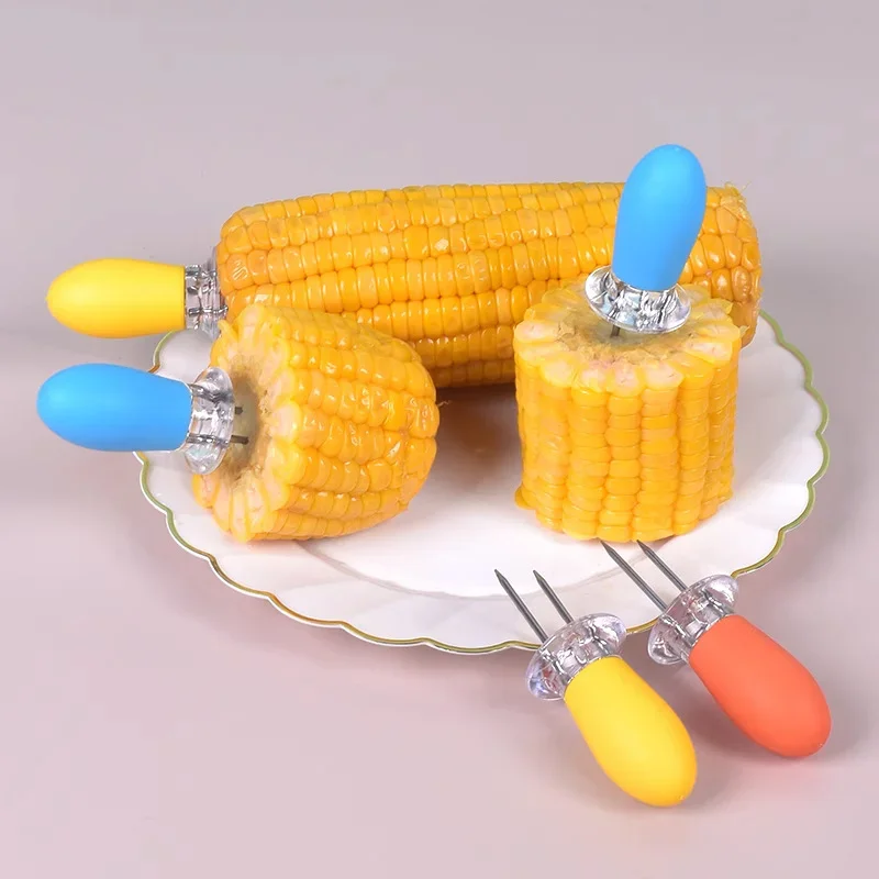 Corn Forks Stainless Steel Holders with Plastic Handle Heat-Resistant Cooking Picnic Camping Barbecue Needles Sticks Barbecues