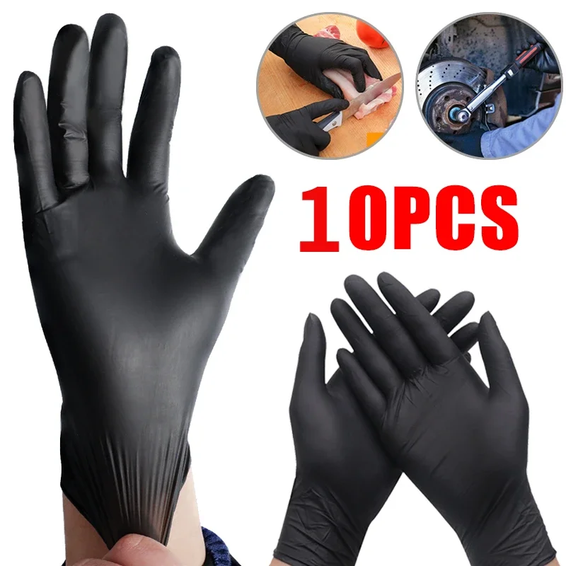 10pcs Nitrile Disposable Gloves Waterproof Food Grade Black Home Kitchen Laboratory Cleaning Gloves Cooking Car Repairing Gloves