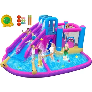 Inflatable Bounce House Water Slide Park, Double Slide Bouncer Castle Climbing Wall, Air Blower for Indoor Outdoor Play Backyard 1