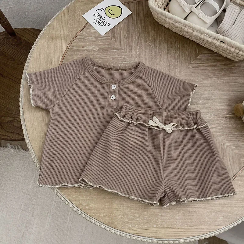 한국 스타일 반팔 와플 코튼 티셔츠 + 반바지, 0-3 세 아동복,  여아 의류, 세트, 2025 여름 신상