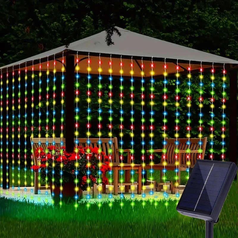 thumbnail image 1 of Cortina de luces solares de 3 m, luces navideñas de hadas con 8 modos para exteriores, Navidad, hogar, jardín, guirnalda, decoración de bodas y festivales, 1 of 5