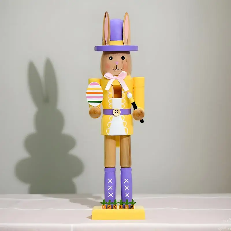 Desk Bunny Nutcracker Statue 12-Inch Wooden Statue Bunny Nutcracker Figure Tabletop Centerpiece Spring Seasonal Decoration