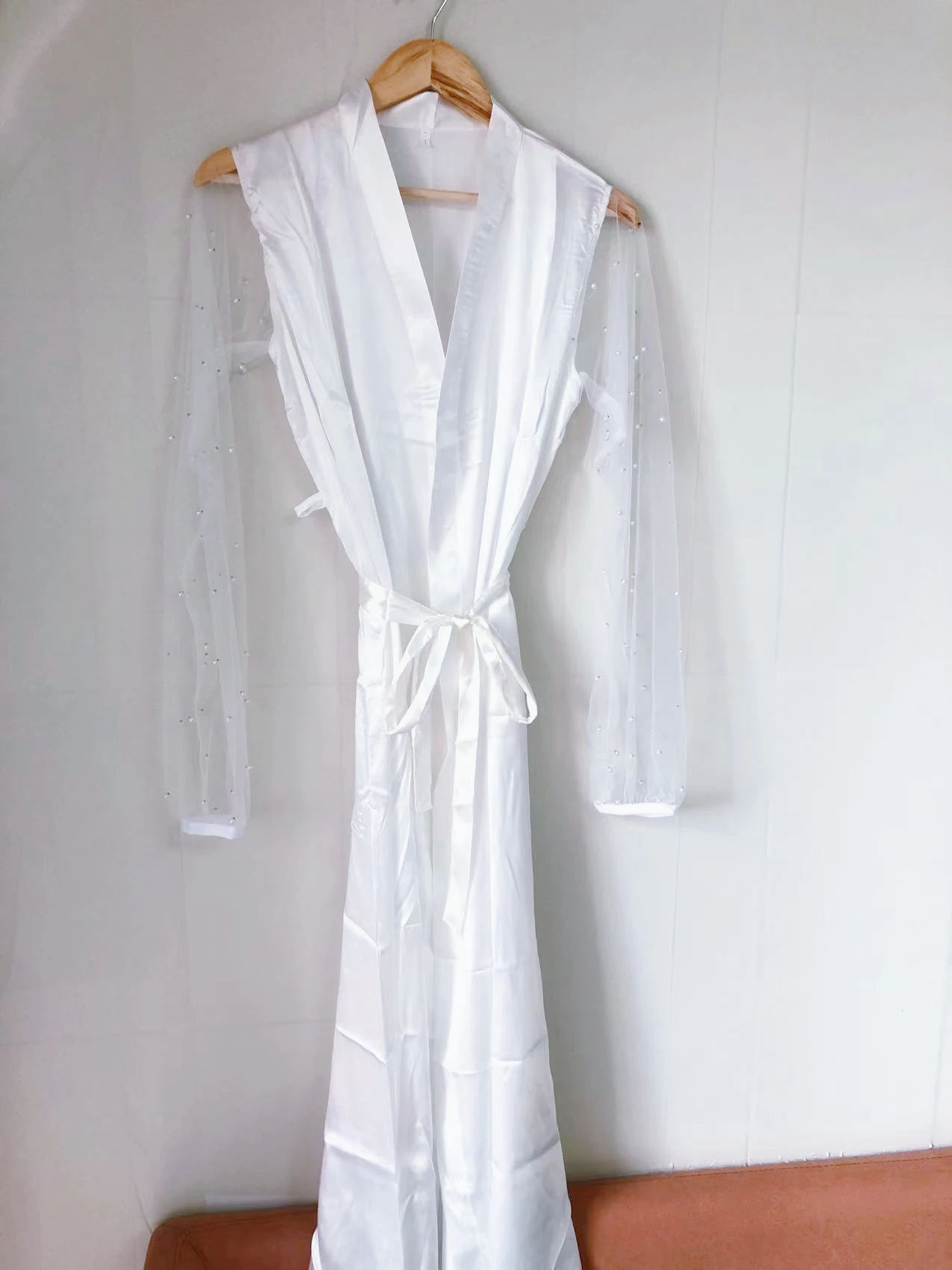 tulle Pearl Bridal Robe Spring Sheer Sleeves Nightgown White Silk Soft