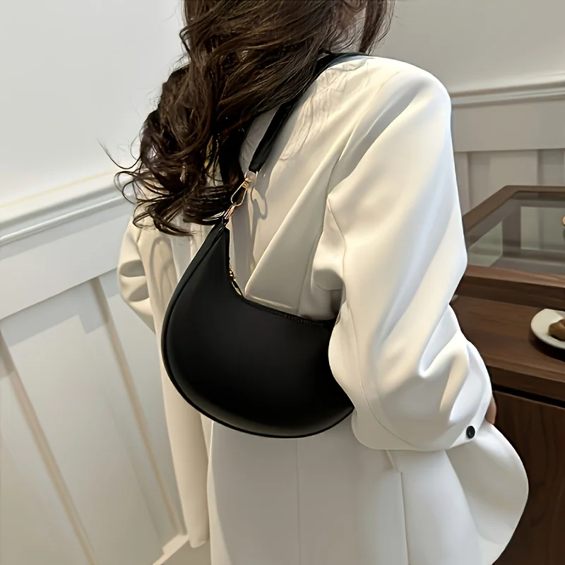 Vintage Tote Bag Retro Half Moon Pu Leather Handbag Shoulder Bags for Women Detachable Strap, Zipper Closure, Polyester Lining