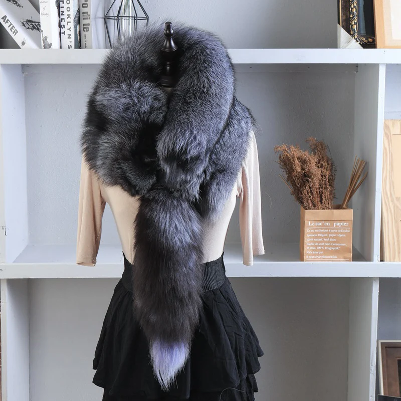Unisex Real Fur Fox Scarf Winter Warm Natural Fur Shawl Soft Headscarf Gray Silver Fox Scarf Accessories