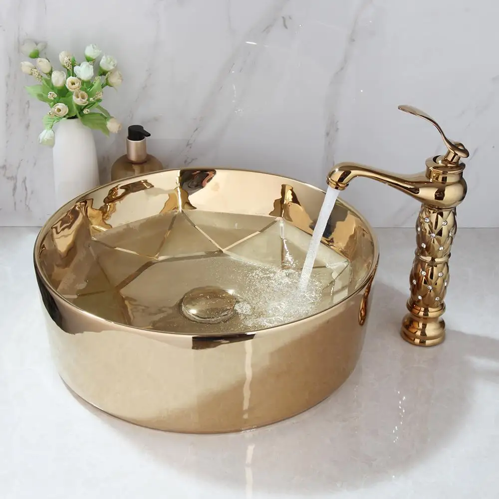 S7d6e2e3b94c44a84b859879063e45f6cH Monite Golden Plated Ceramic Round Bathroom Combine Faucet Set Lavatory Washbasin Sink Diamond Setting Mixer Faucet w/ Pop Drain Mallzona