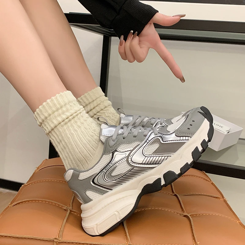 Size 35-40 Women Casual Sneakers Real Leather Ladies Thick Heels Pump Shoes 2024 Spring Tannis Athletic Workout Daily Dress