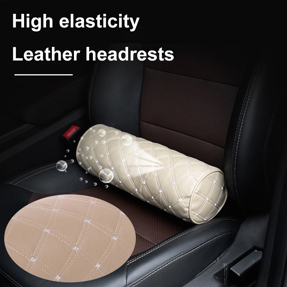 Memory Foam Car Neck Pillow/genuine Leather Auto Cervical Round Roll Office  Chair Bolster Headrest Supports Cushion Pad Black